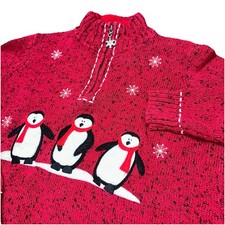Vtg Christopher Banks Red Hand Embroidered Penguins 1/4 Zip Sweater Women s M