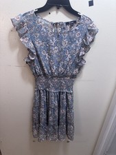 Trixxi Dusty Blue Floral Tiered Dress Size Small Short Sleeve