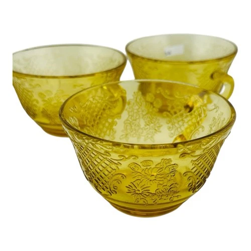 Set 3 Federal Glass Normandie Amber Bouquet & Lattice Depression Glass Tea Cups