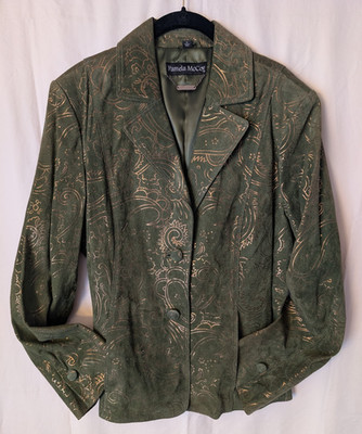 Pamela McCoy Green Suede Womens 1X Genuine Leather Gold Paisley Blazer Jacket