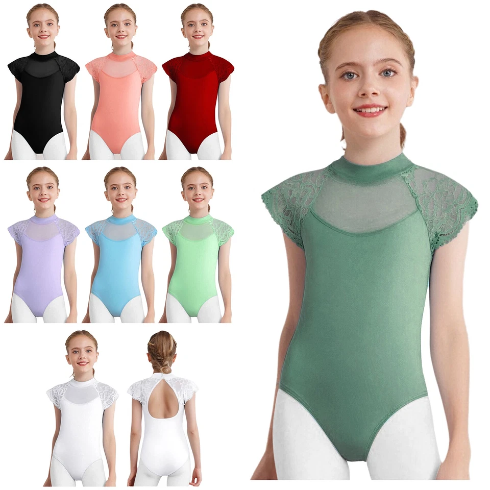 Kids Girls Unitard Ballerina Leotard Training Bodysuit Dancewear Jumpsuit Lace - Image 2 of 4