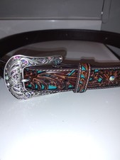 Ariat Women's Western Belt Brown Turquoise Floral Buckle Studded Silver L