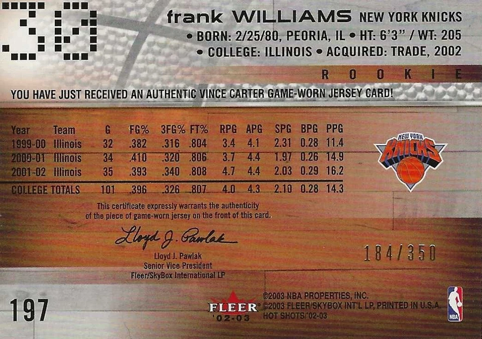 2002-03 Fleer Hot Shots Vince Carter ROOKIE HATS OFF Game-Worn JSY. #/350 - Image 2 of 2