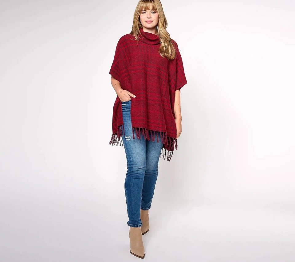 Poncho Denim & Co. Talla XS/S Cuadros Jacquard Capucha Cuello con Flecos Dobladillo VINO A624151 Foto 3 de 4