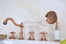 Red Copper 5 PCS Bath Tub Faucet Cross Handles Roman Tub Mixer Tap W/Hand Shower