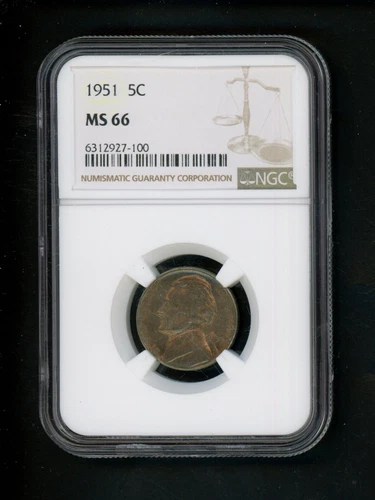 1951 US Jefferson Nickel 5c .05 NGC MS 66 Uncirculated Gem Nice Golden Toning