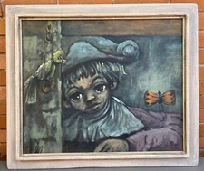 Mid Century Vintage Sad Eyes Figural Painting Art Wall Hanging Framed Signed