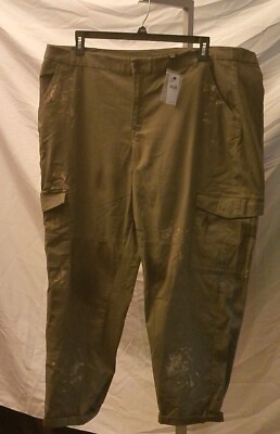 Lane Bryant Low Rise Boyfriend Olive Cargo Gold Splatter Pants 24