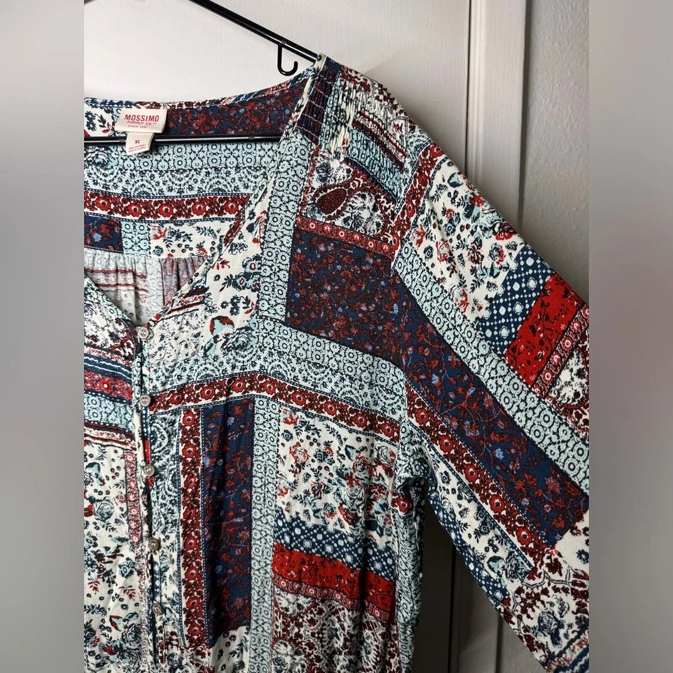Mameluco Boho Mossimo Supply Co Rojo Blanco Azul Patchwork Floral Rayas Talla XL Foto 4 de 4