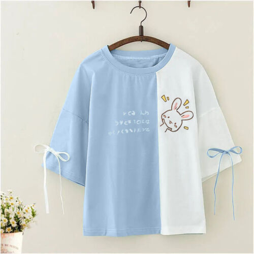 Girls Cartoon Rabbit Print T-Shirt Japanese Kawaii Tops Short Sleeve Preppy  | eBay