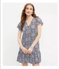LOFT Petite Medallion Button Ruffle Flounce Dress XLP Blue 