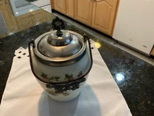 Antique Wave Crest Biscuit /Cracker Jar Satin Glass Ovoid, Floral with Metal lid