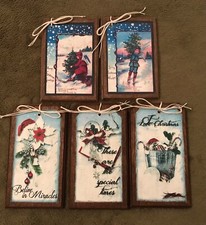 5 New HANDCRAFTED Wood Christmas Ornaments / Hang Tags SET7r