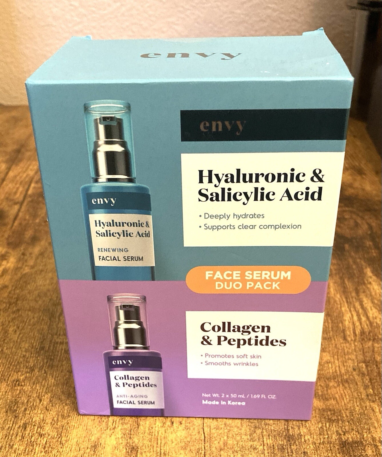 Envy Face Serum Duo Pack Hyaluronic & Salicylic Acid, Collagen & Peptides