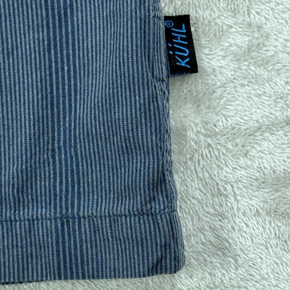 Camisa Kuhl Para Hombres Mediana Abotonada Algodón Orgánico Campamento Senderismo Azul Gris Rayas Foto 3 de 4
