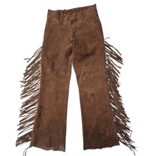 Vtg 60s 70s Hippie Brown Suede Leather Fringe Flare Pants 34x32