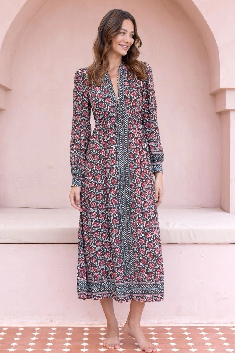 long boho dress with sleeves Women's Long Flowy Bohemian Pink Floral Print Maxi Dress