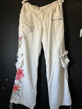 Vintage Y2K White Da-Nang Embroidered floral Fitted Cargo Pants small 6 silk