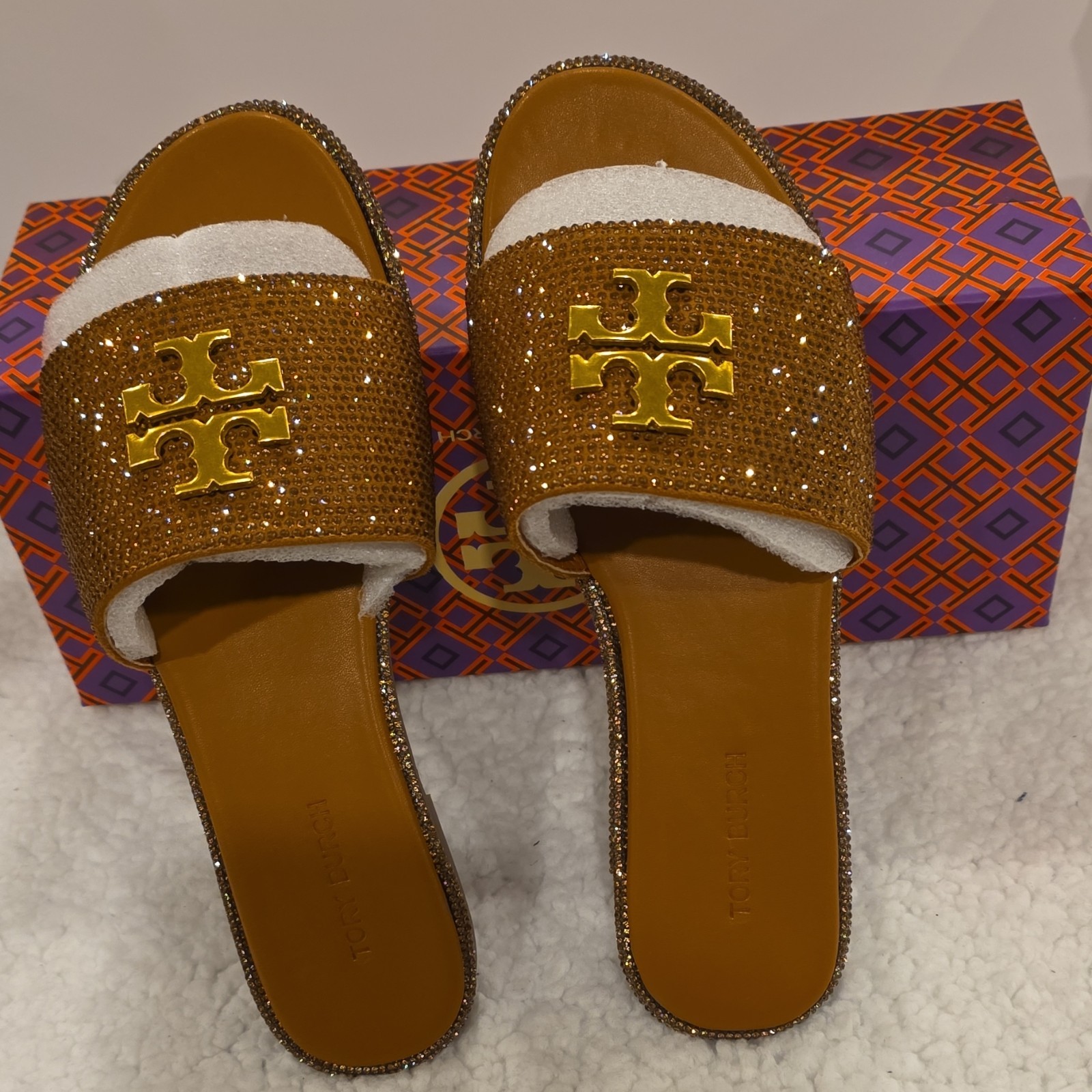 Tory Burch Brown Gold Rhinestone Logo Slide Sandals Women's
