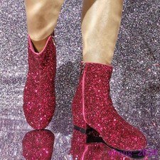 Women's Sequins Side Zip Low Heels Ankle Boots Party Dress Clubwear Casual Shoes