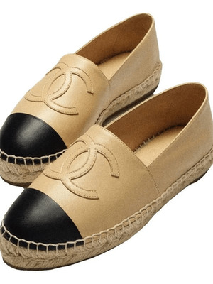 CHANEL Beige/Black Lambskin CC logo Espadrilles Flats | size 37