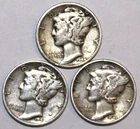 (3) Mercury Dimes - VF/XF - 1943P 1943D 1944D - #1411ED FREE SHIPPING