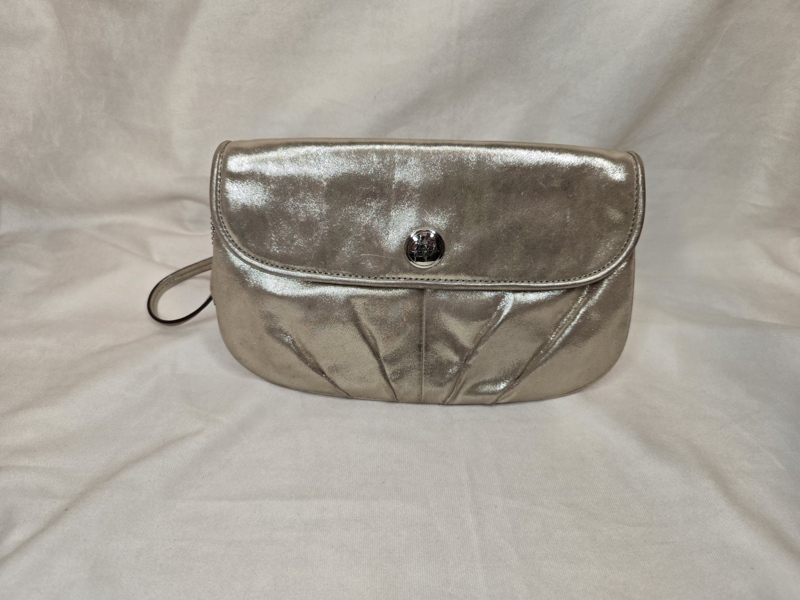 COACH Metallic Champagne Gold Shimmer Pleated Leather Wristlet Clutch