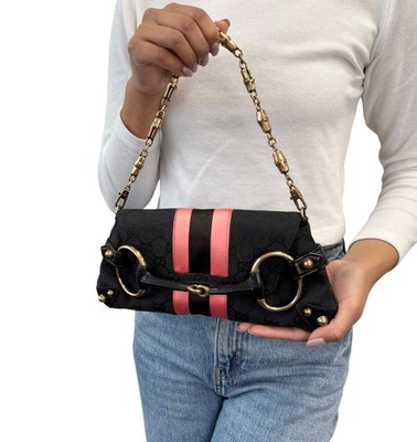 GUCCI Vintage GG Monogram Horsebit Shoulder Clutch Bag Chain Black