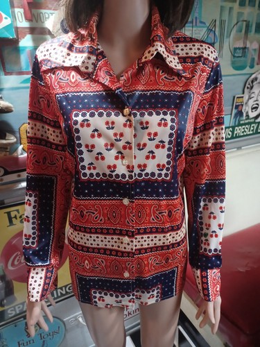 True VTG 1960s 1970s Mid-century Polyester Groovy Ladies Blouse Top Mod L/XL MCM - Picture 2 of 13