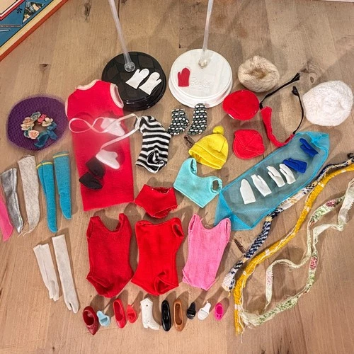 Lot Vintage Barbie Clothes and Shoes, Black and White Bathing Suit, Red Helenca