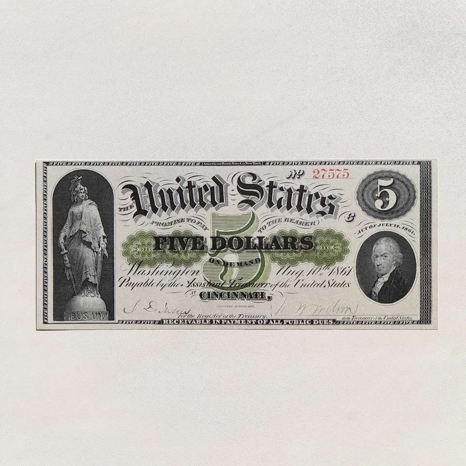 5 Dollars 1861 Cincinnati Demand Note Greenback Reproduction Banknote Fr. US# 4 - Image 3 of 4