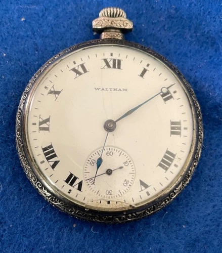 waltham engraved sterling silver pocket watch, Size 18s 15J