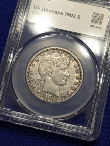Cuarto de 25 centavos de plata de peluquero 1902-S, natural AU en losa extranjera. - A2 - Imagen 1 de 6