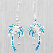 Palm Tree Ocean Blue Fire Opal CZ Silver Jewelry Dangle Drop Earrings