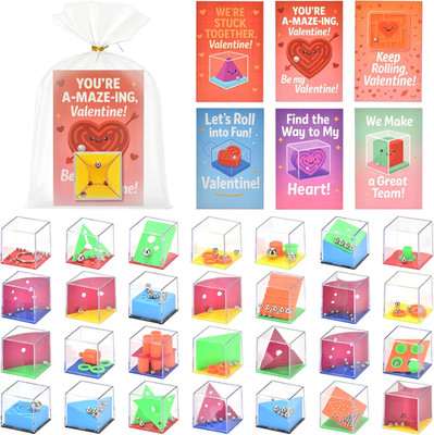 28 Pack Valentines Day Gifts for Kids Classroom - Mini 3D Maze Puzzle Cubes with