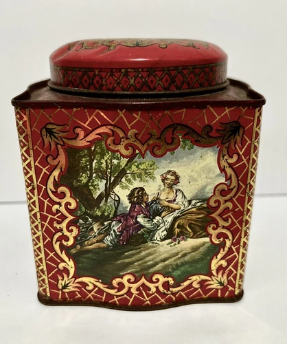 Vintage Red Victorian Daher Colorful Enamel Tea Tin Canister Made In England 5”