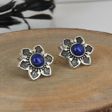 Girls Lapis Lazuli Flower Oxidized Earring 925 Silver Gemstone Stud Earring