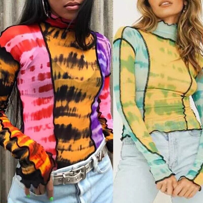 Multicolor Sheer Mesh Top long sleeve shirt funky 90s trendy Multicolor Sheer Mesh Top long sleeve shirt funky 90s trendy