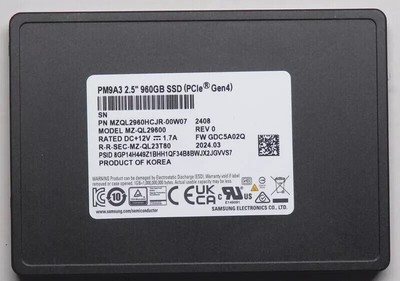 New PM9A3 960GB PCI-E Gen4 x4 NVMe 2.5'' U.2 SSD MZ-QL29600 4.0 #F1
