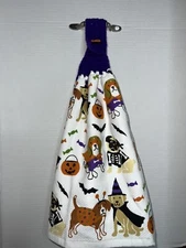 Hanging Double Kitchen Towel With Crocheted Top - Halloween Dogs Beagle & Pug