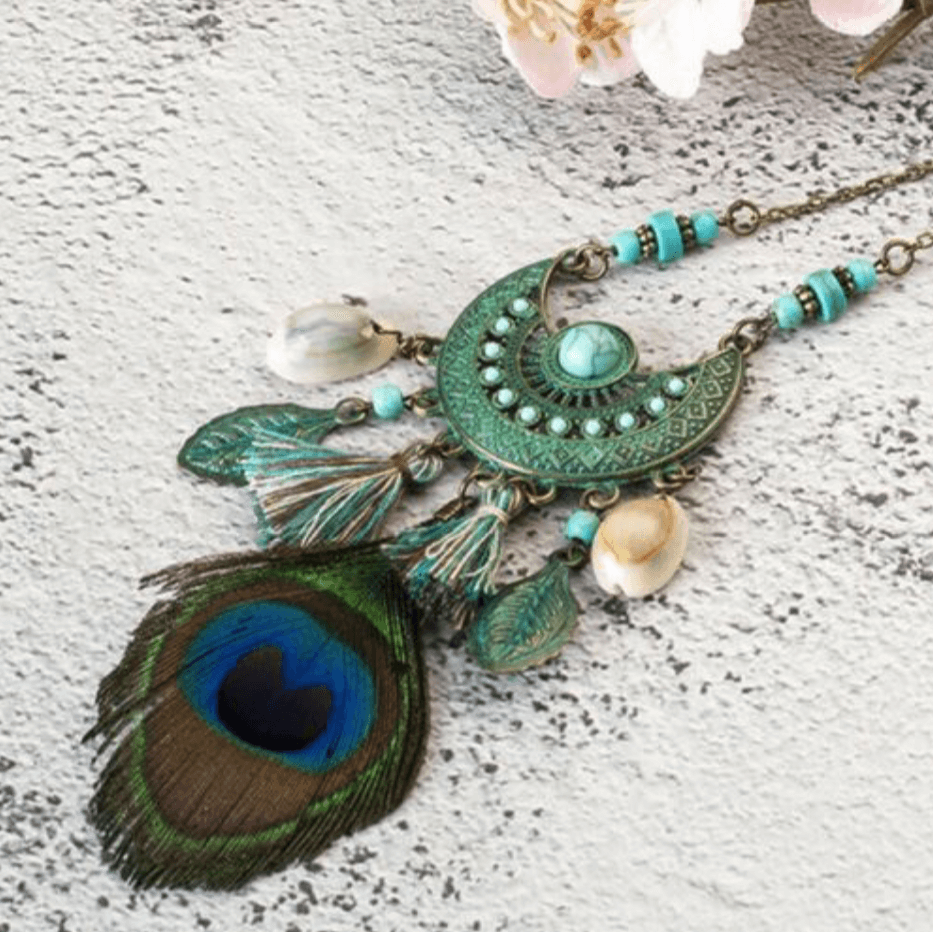 Set Bijoux Bohème Plume Paon & Turquoise - Collier + Boucles D'oreilles, Bronze, Neuf