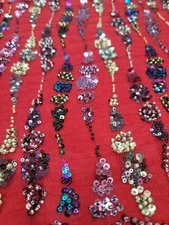 Fabric Sold By The Yard Red Beaded Lace Sequin Floral Embroidery Mesh For Dress 