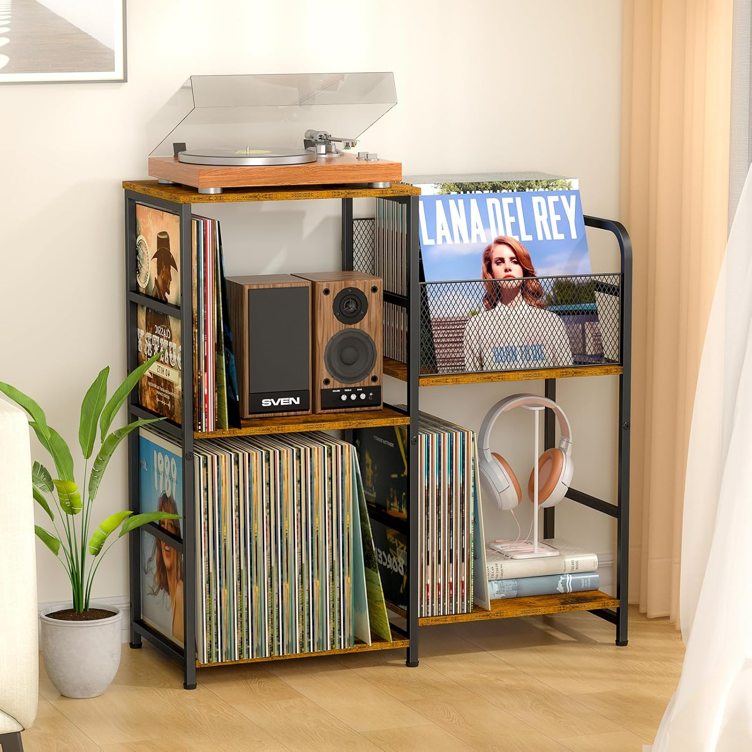 Compact Record Player Stand with 300+ Album Vinyl Storage   -image