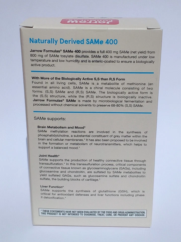 Jarrow Formulas SAMe (Disulfate Tosylate), 400 mg, 60 Enteric Coated Tablets Foto 2 de 3