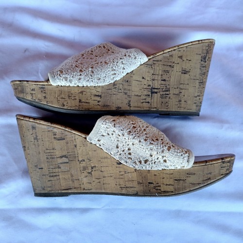 Montego Bay Club Sandals Women's Slides Size 10 Brown Cream Crochet Cork Wedge - Picture 4 of 9