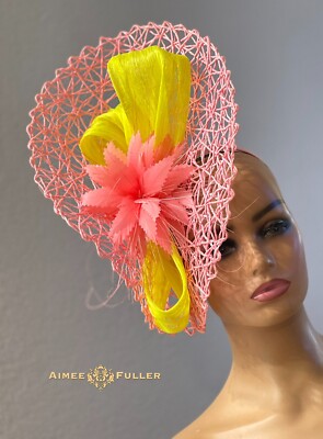 Kentucky Derby Hat Pink Coral Yellow Royal Ascot Fascinator  display picture 3