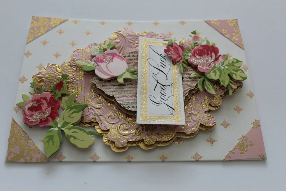 Anna Griffin "Good Luck" Pink & Gold w/Flowers 3D Handmade Layered Card - Image 2 of 2