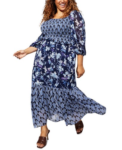 Taylor Women's Plus Size Mixed-Print Smocked-Top Tiered Dress (Navy/Blue, 22W)