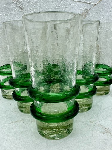 VTG Blenko Blown Glass Double Ring HighBall Crackle Glasses Set Of 6 MCM RARE - Picture 2 of 18