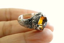 Round Yellow Citrine Intricate Design 925 Sterling Silver Ring Size 6.5 7 8
